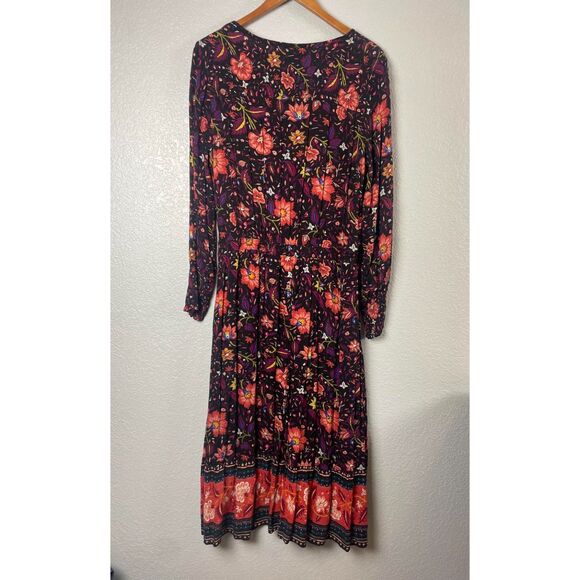 Old Navy Women's Size M Black Red Midi Fit & Flare Dress Floral Smocked-Waist - Picture 2 of 10